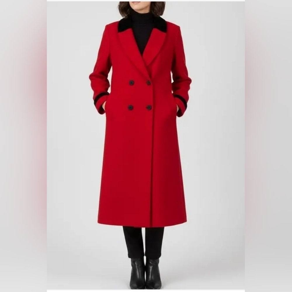 1990s Leslie Fay Vintage Peacoat Long Red Wool Double-Breasted Coat Large